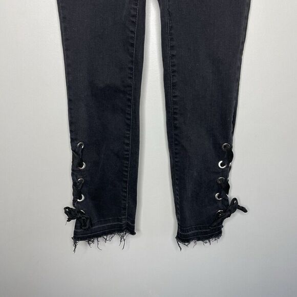 MANGO Denim Jeans Women 2 Black Corset-Tie Raw Hem Detail Slim MNG - Picture 4 of 14